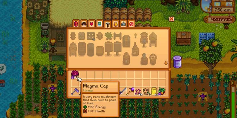 A screenshot of the Stardew Valley player inventory with the cursor on a Magma Cap