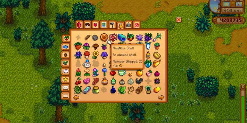A screenshot of the Stardew Valley items menu with the cursor on Nautilus Shell