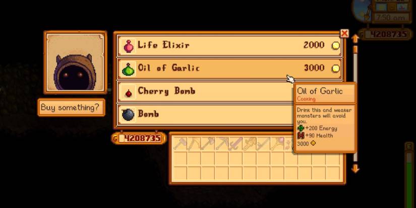 A screenshot of the Dwarf's Shop in Stardew Valley highlighting Oil of Garlic