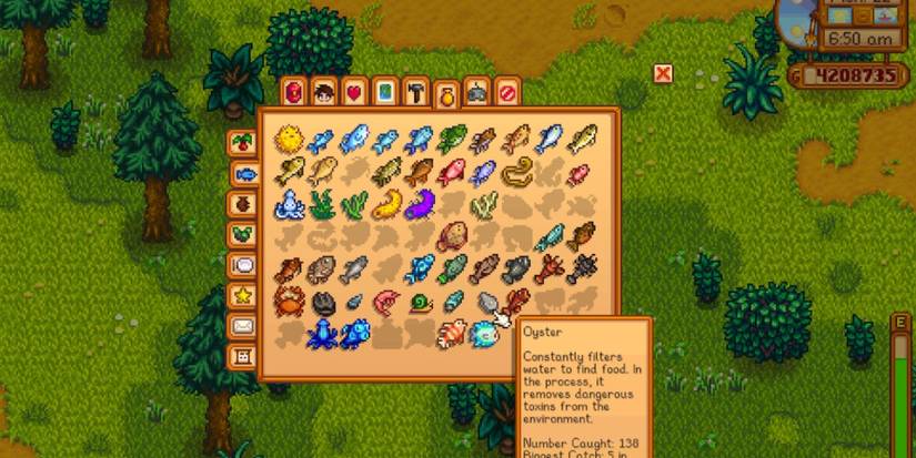A screenshot of the Stardew Valley items menu with the cursor on Oyster