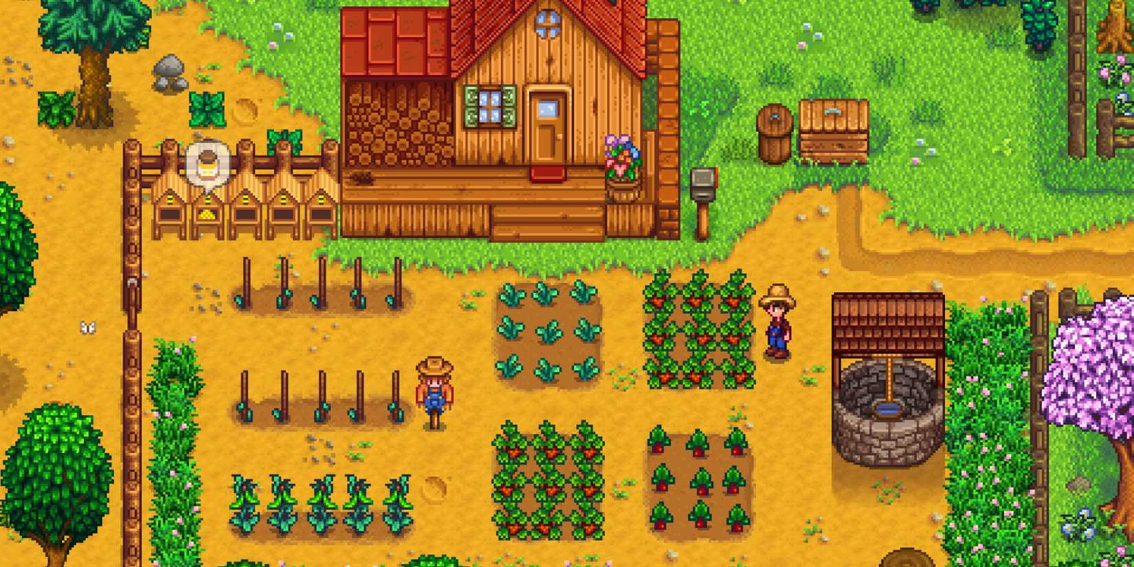 An image from Stardew Valley showing a player's in-game farm and house.