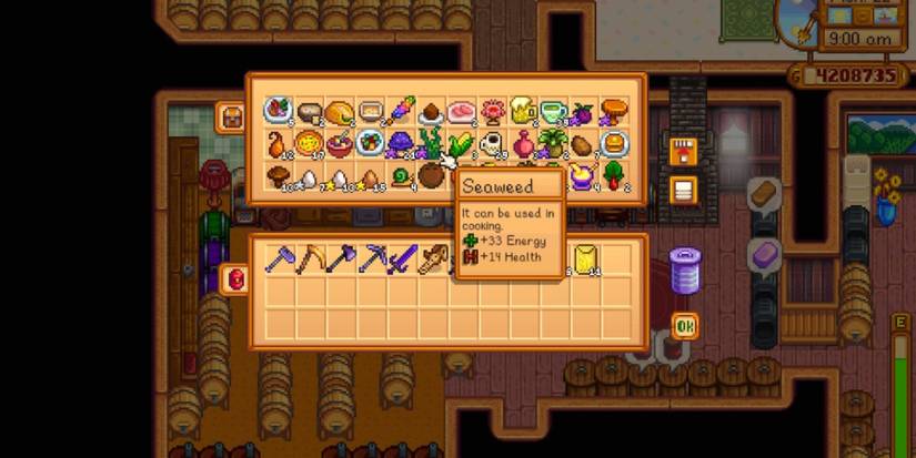 A screenshot of the contents of a fridge in Stardew Valley which highlighting Seaweed