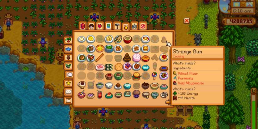 A screenshot of the menu collection in Stardew Valley highlighting the Strange Bun