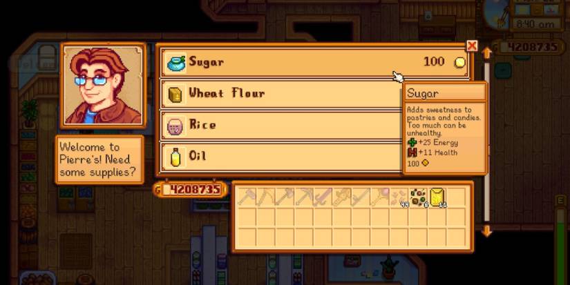 A screenshot of Stardew Valley showing the items available at Pierre's General Store and highlighting Sugar