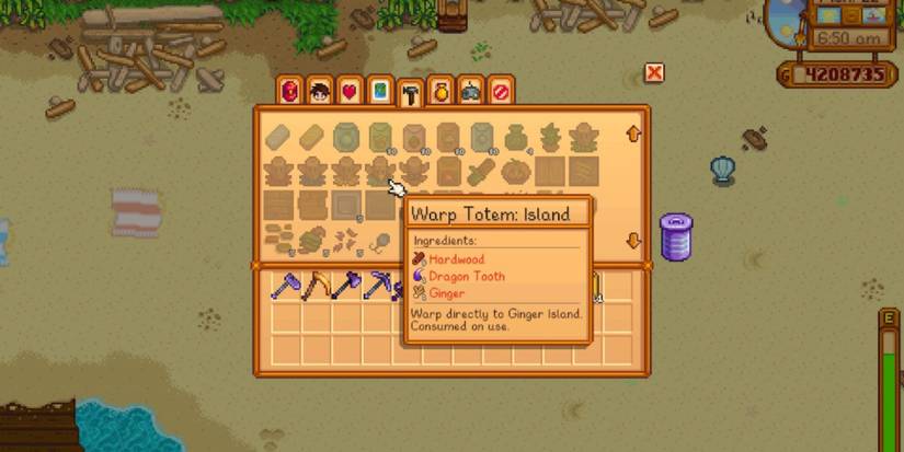 A screenshot of Stardew Valley showing the beach and the collection of Warp Totems