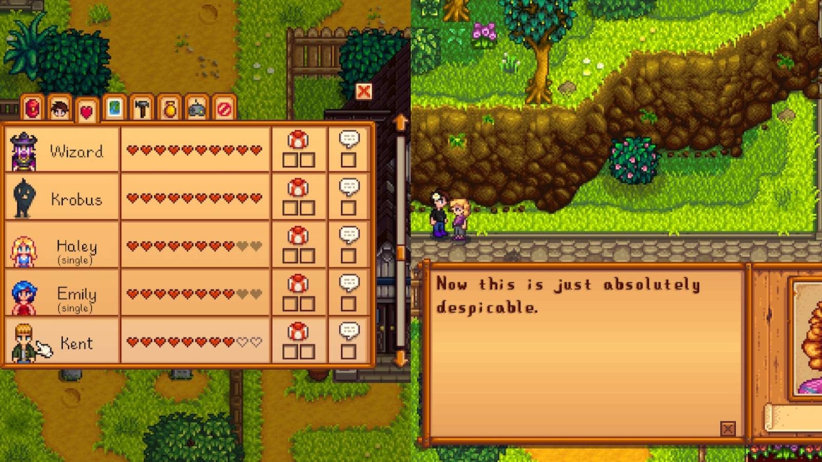 A split image - the left showing a list of friendship hearts in Stardew Valley and the right showing Pam reacting to a hated gift