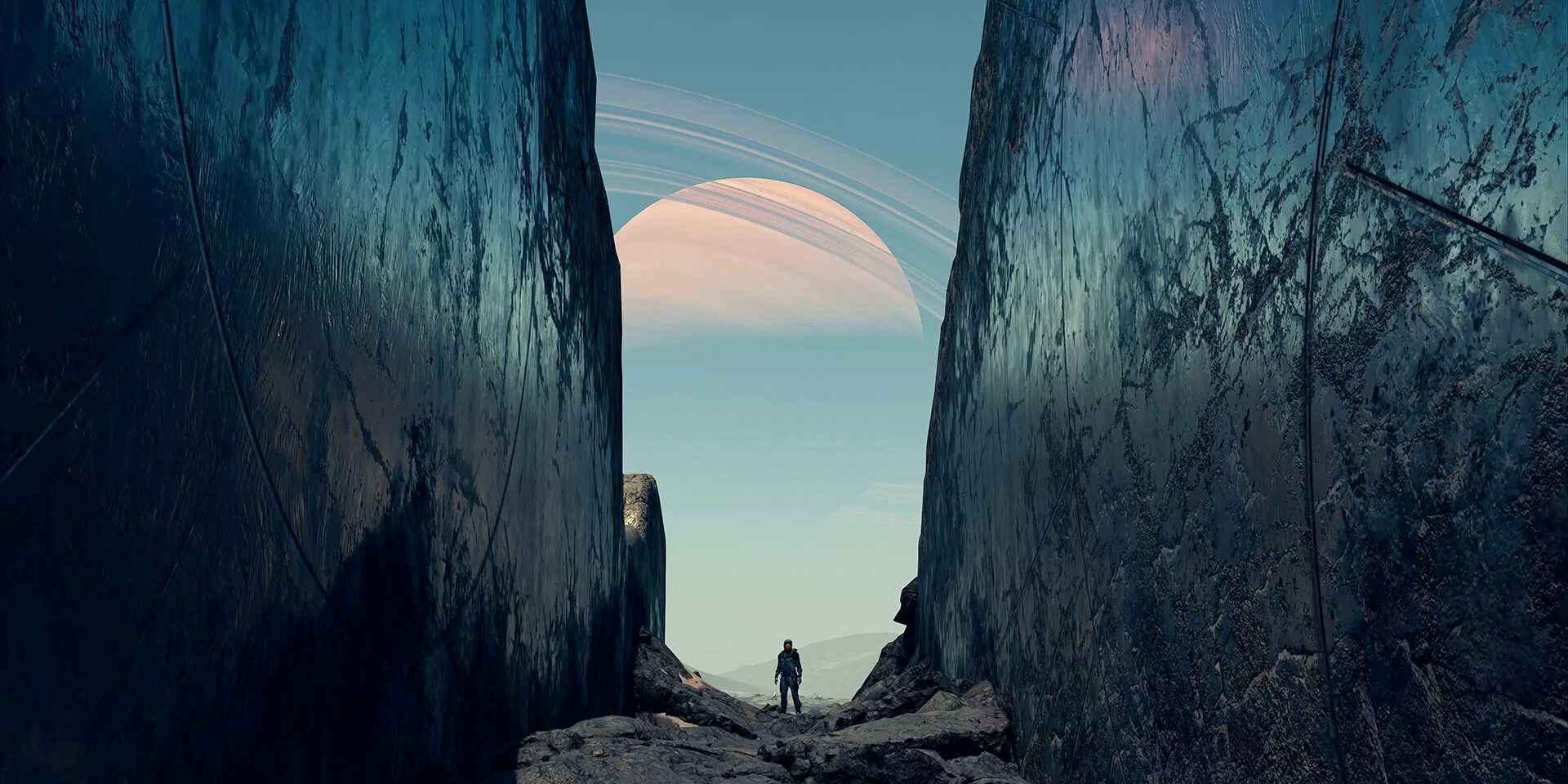The Starfield protagonist pictured from afar, with the walls of an alien canyon closing in on them