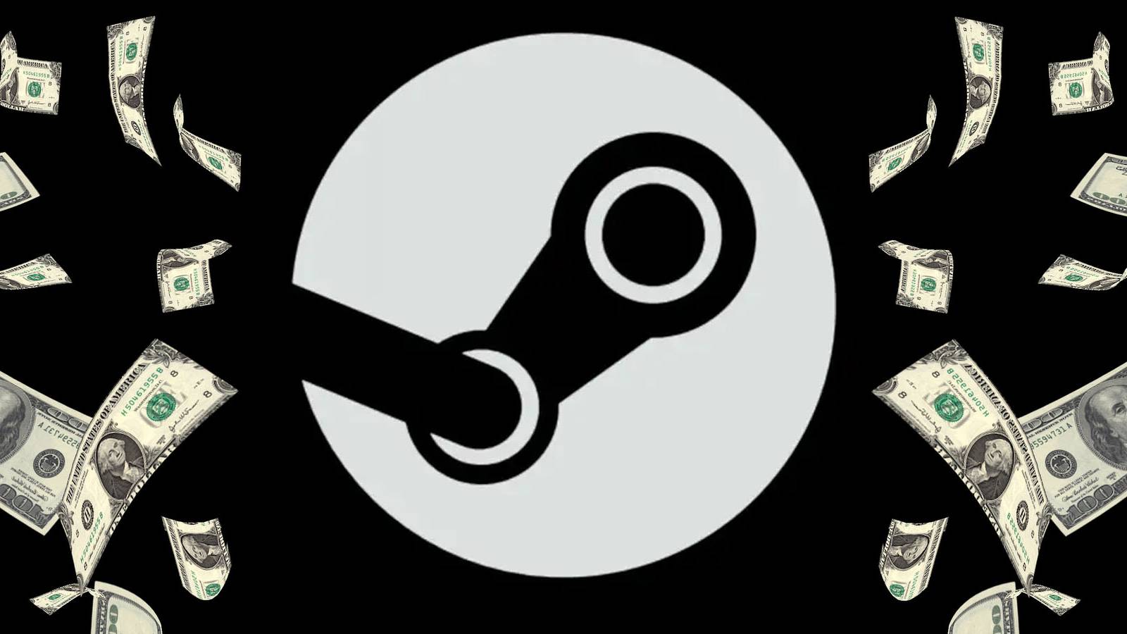 A white Steam logo surronded by money against a black background.