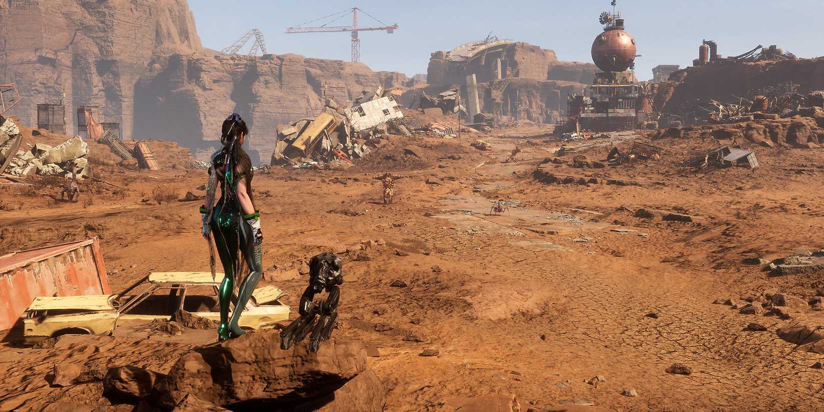 stellar blade eve and drone in a wasteland