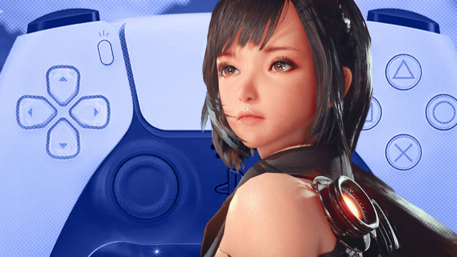 Stellar Blade Eve in front of PlayStation 5 PS5 DualSense controller composite