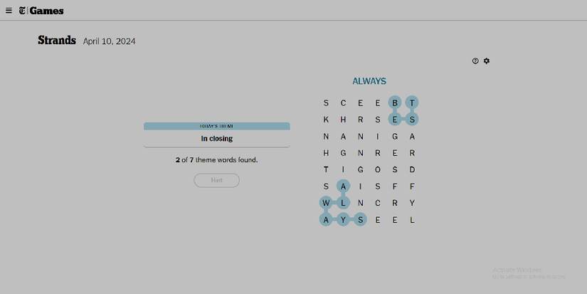 Strands puzzle in progress