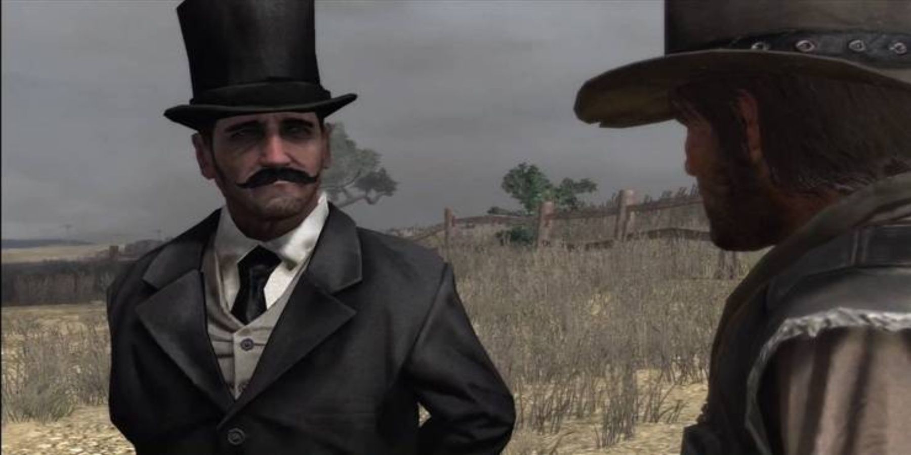 The Strange Man, a man with a top hat and handlebar moustache, looking at Arthur in Red Dead Redemption 2
