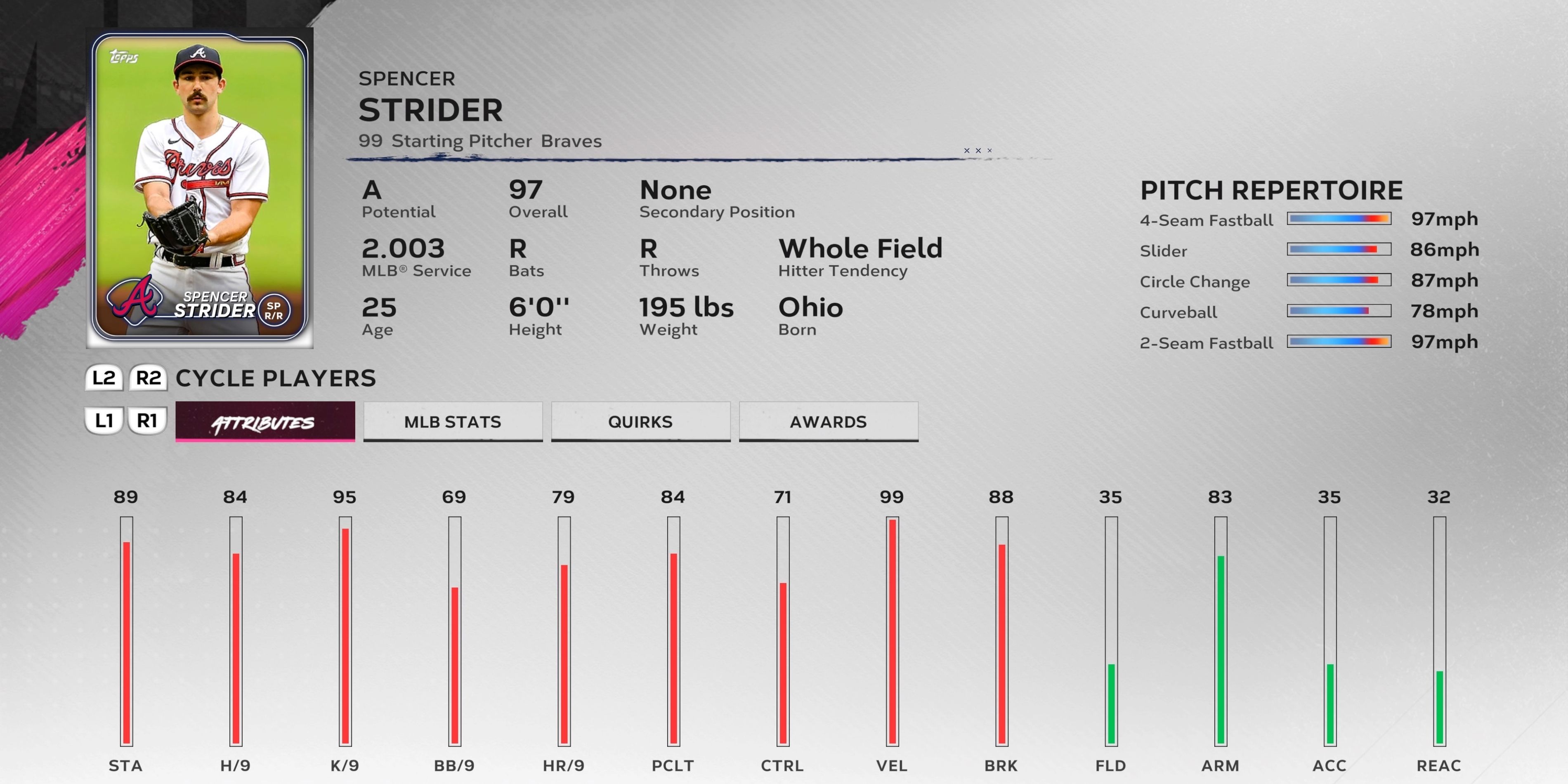 Spencer Strider, a starting pitcher in MLB The Show 24