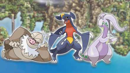 Garchomp, Slaking, and Goodra highlighted against the world map of Pokemon Silver