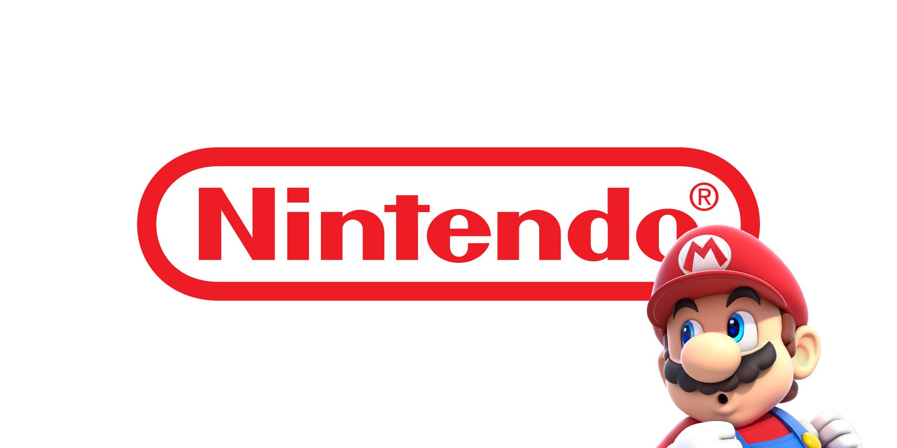 Super Mario making surprised face while looking at red Nintendo logo on white background