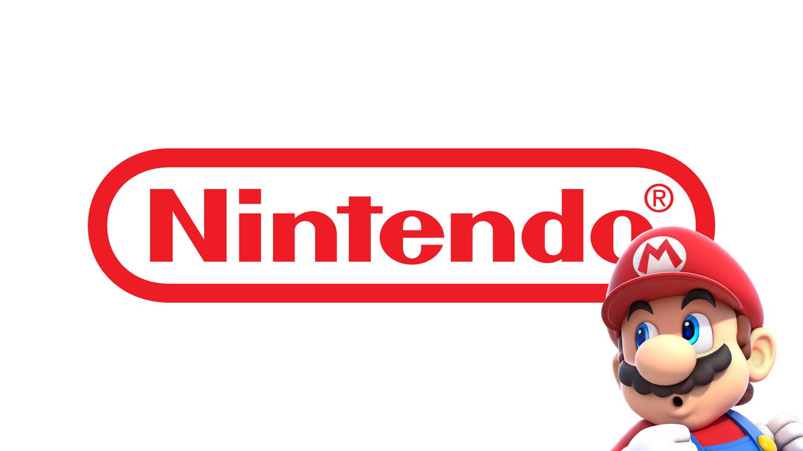 Super Mario making surprised face while looking at red Nintendo logo on white background
