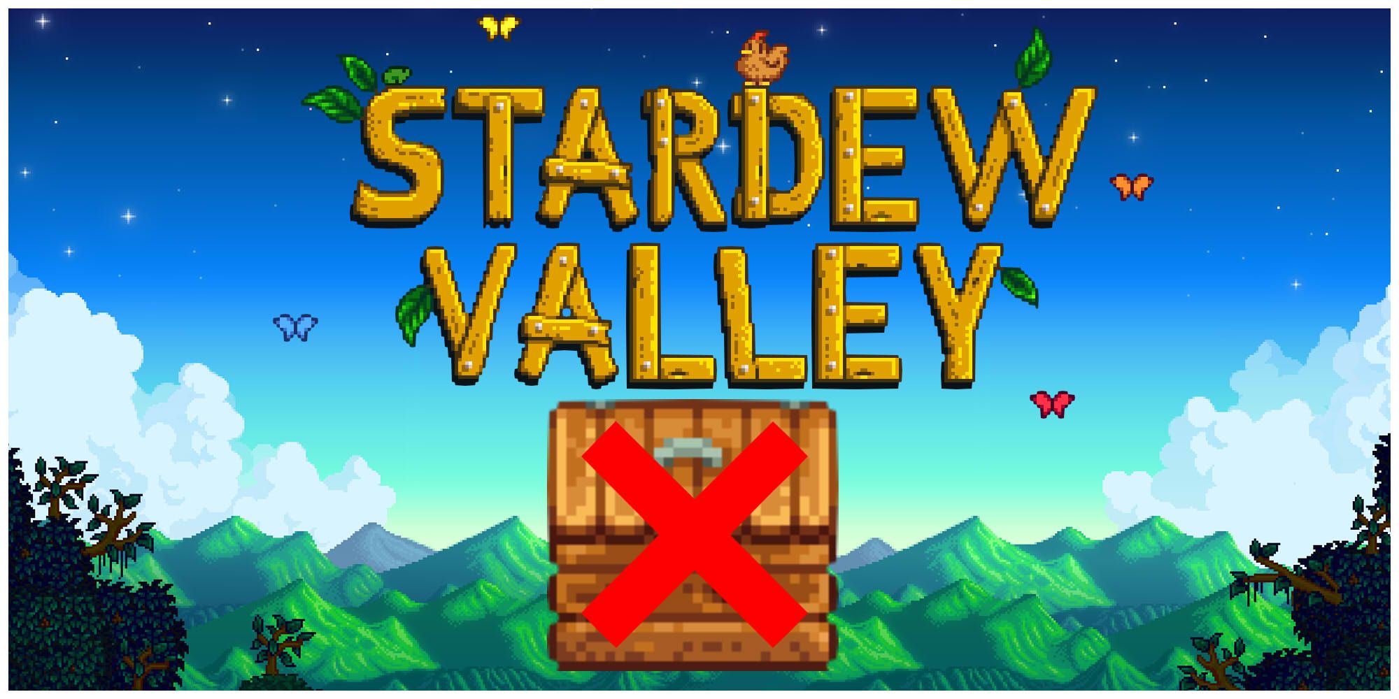 Stardew Valley logo with an X-ed out Shipping Bin