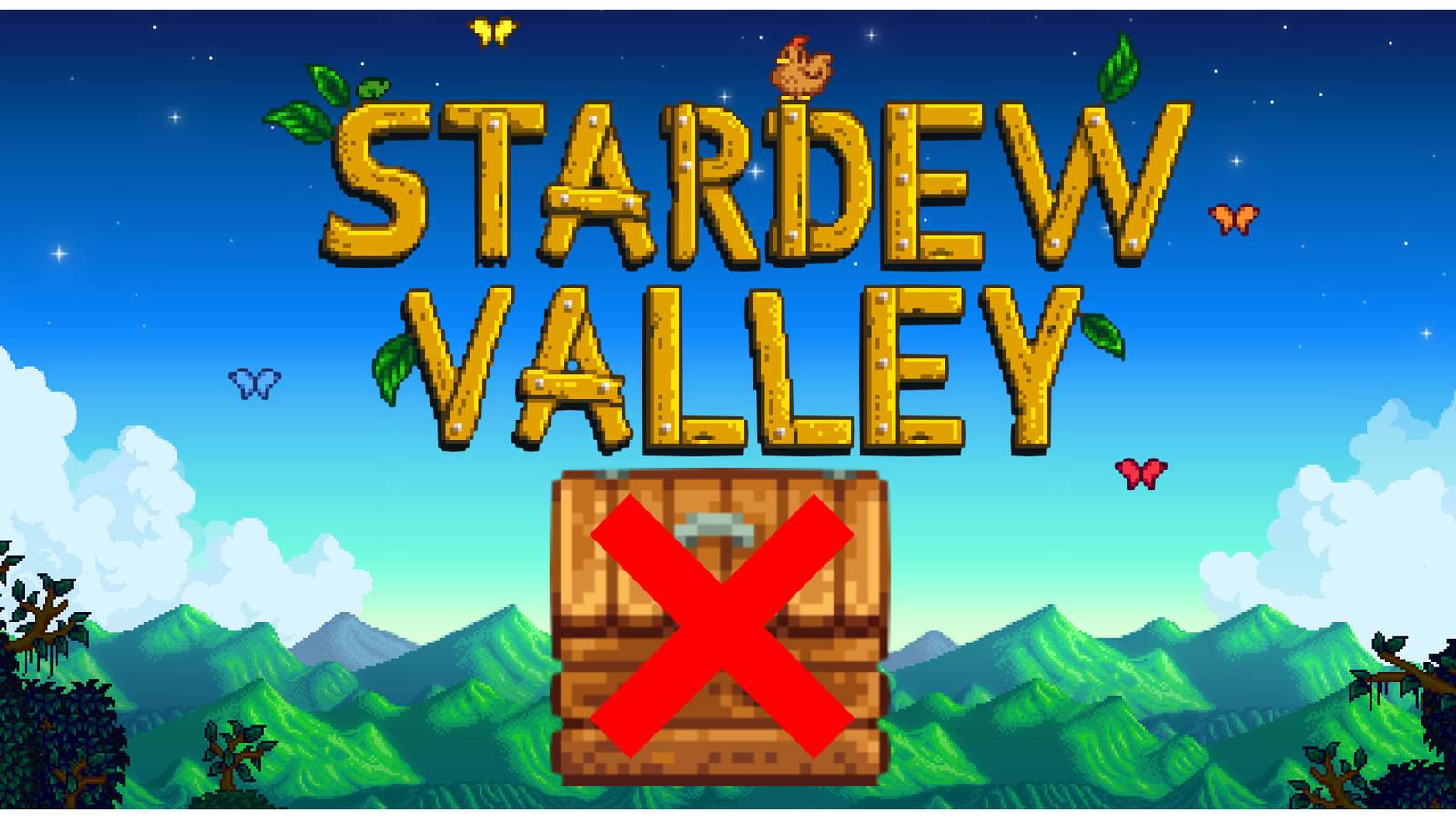 Stardew Valley logo with an X-ed out Shipping Bin