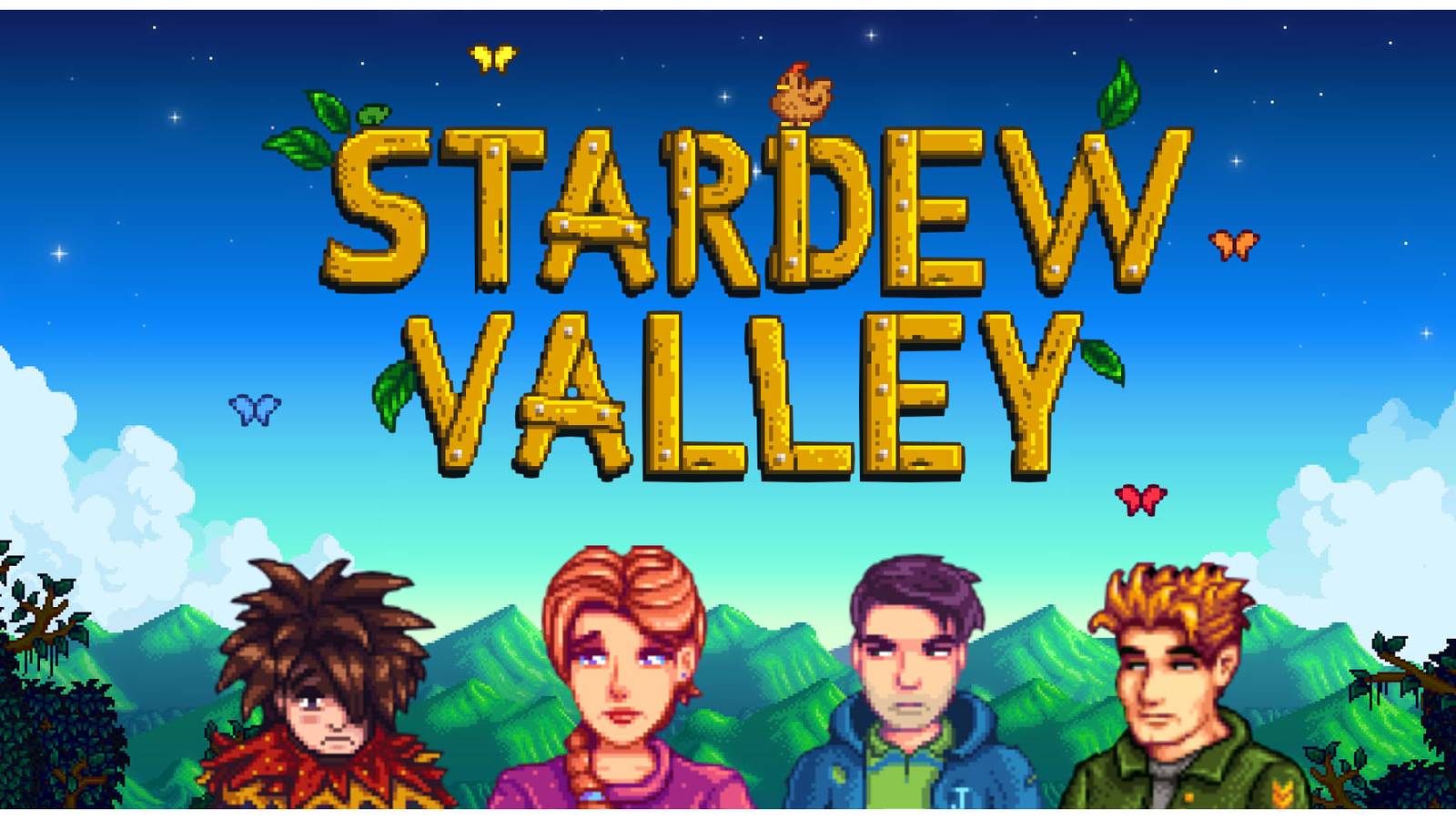 Stardew Valley backdrop featuring several townsfolk characters