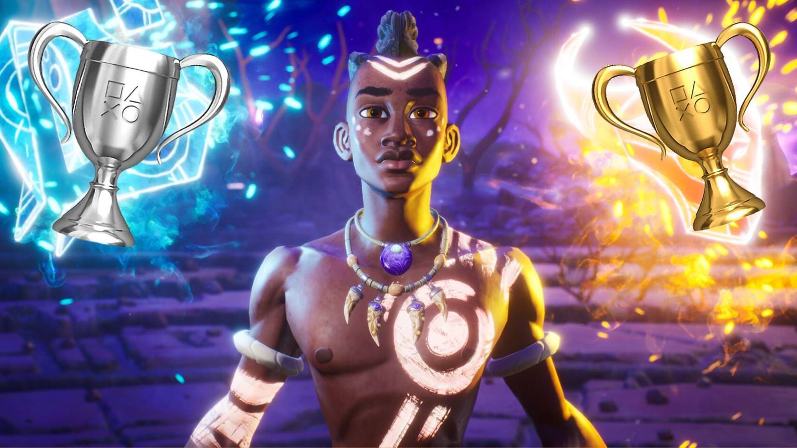 tales of kenzera zau with silver and gold trophies