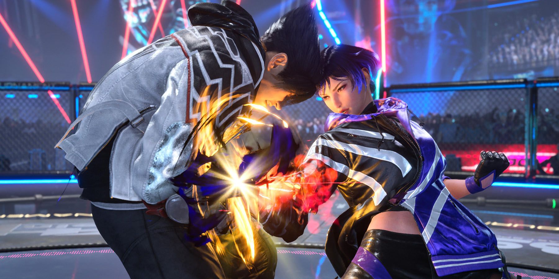 A screenshot of Jin Kazama and Reina fighting in Tekken 8.