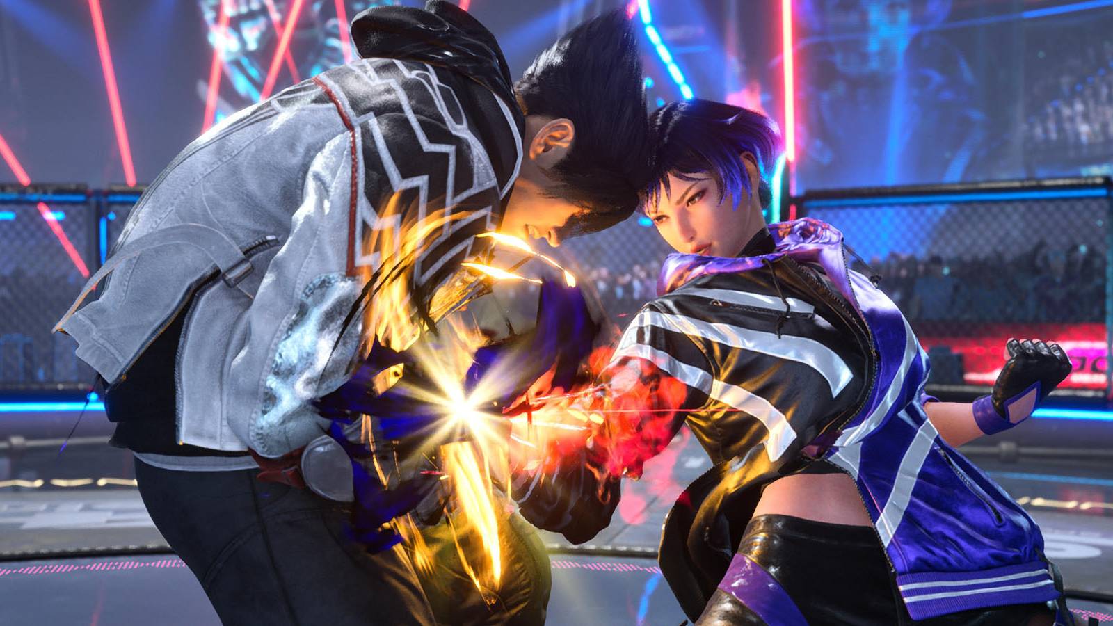 A screenshot of Jin Kazama and Reina fighting in Tekken 8.