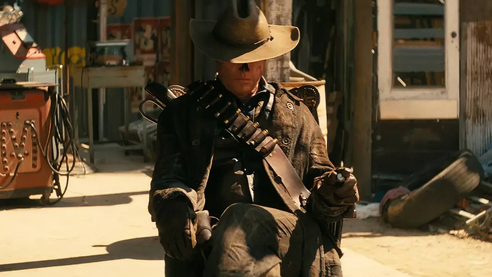 The Ghoul sitting in a chair in Fallout