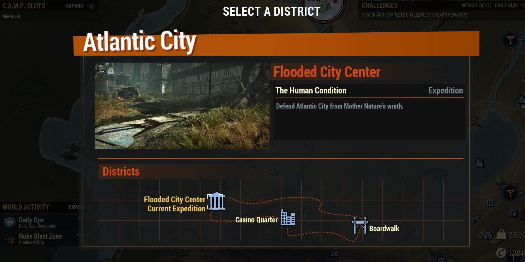 Fallout 76 The Human Condition on the Select A District screen