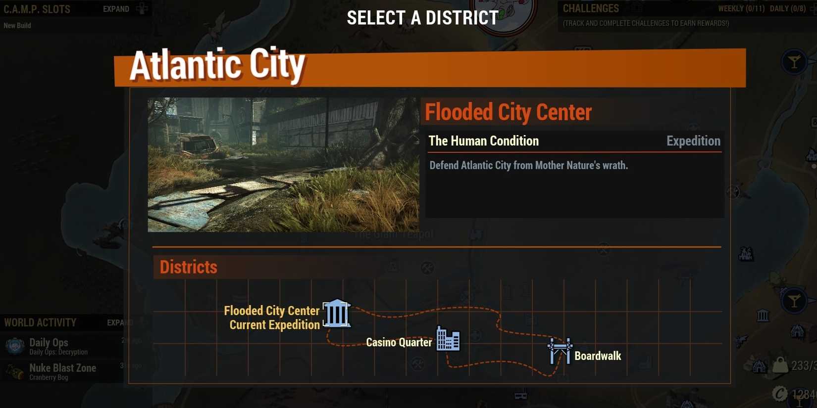 Fallout 76 The Human Condition on the Select A District screen