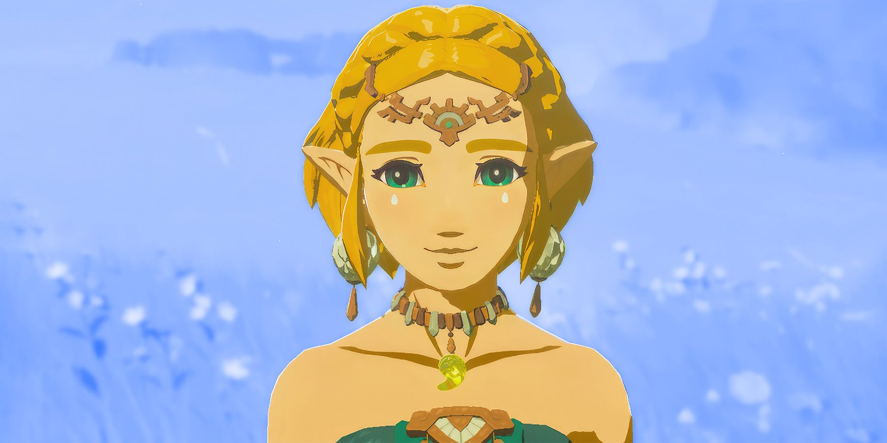 The Legend of Zelda Tears of the Kingdom Zelda smiling medium close-up blue background edit