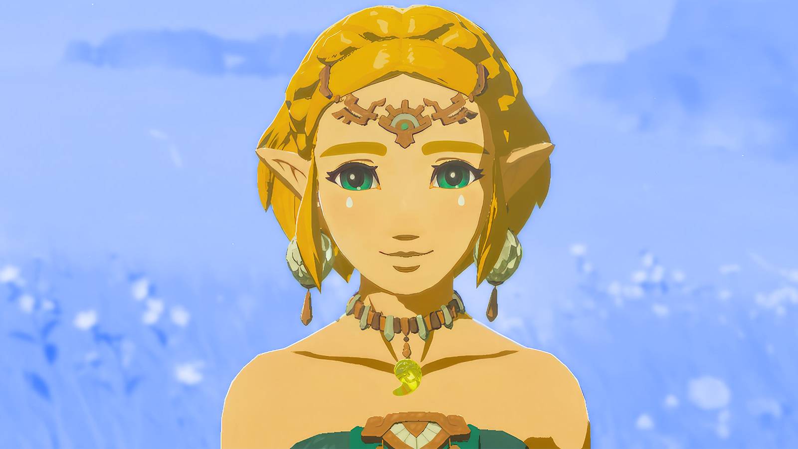 The Legend of Zelda Tears of the Kingdom Zelda smiling medium close-up blue background edit