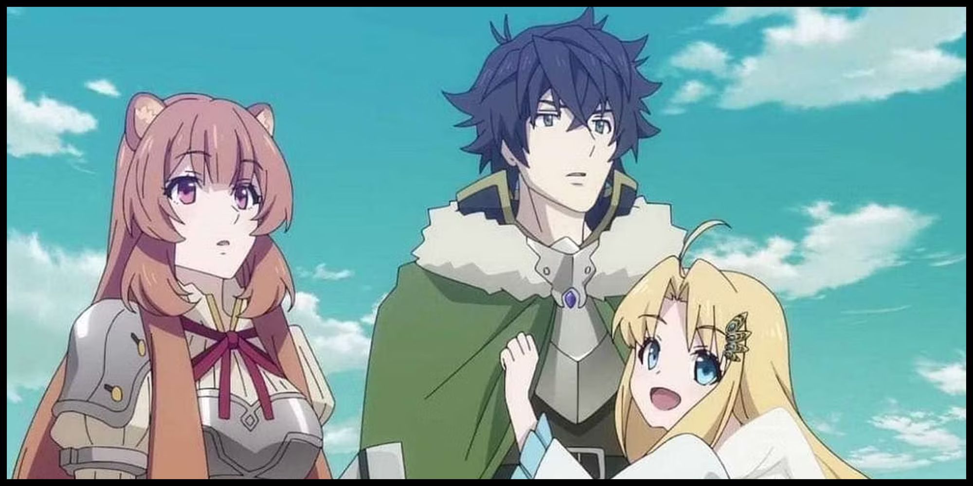 The Rising of the Shield Hero Naofumi and his friends look off-screen