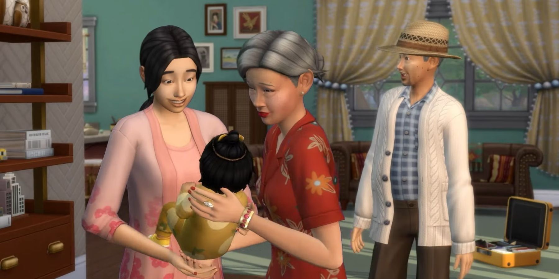 A family holding a baby in The Sims 4