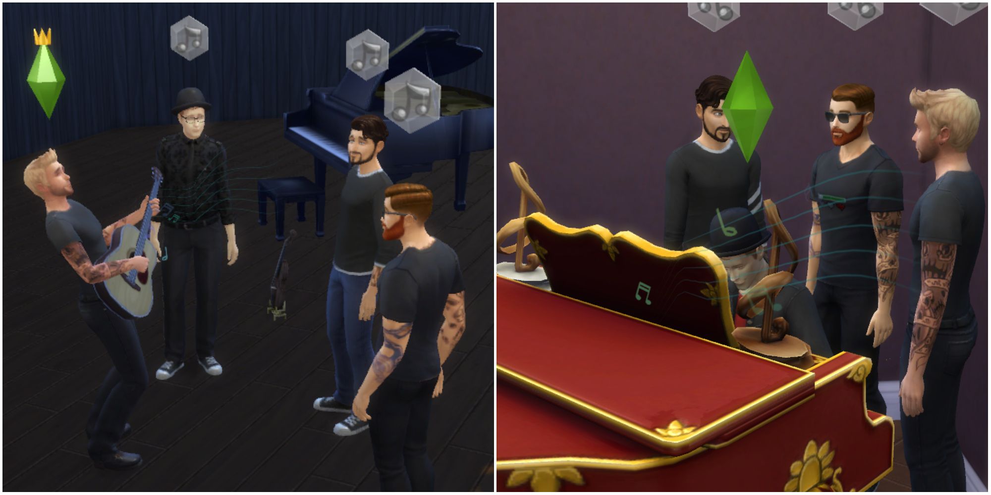 A group of Sims meet to play music together at a band club gathering