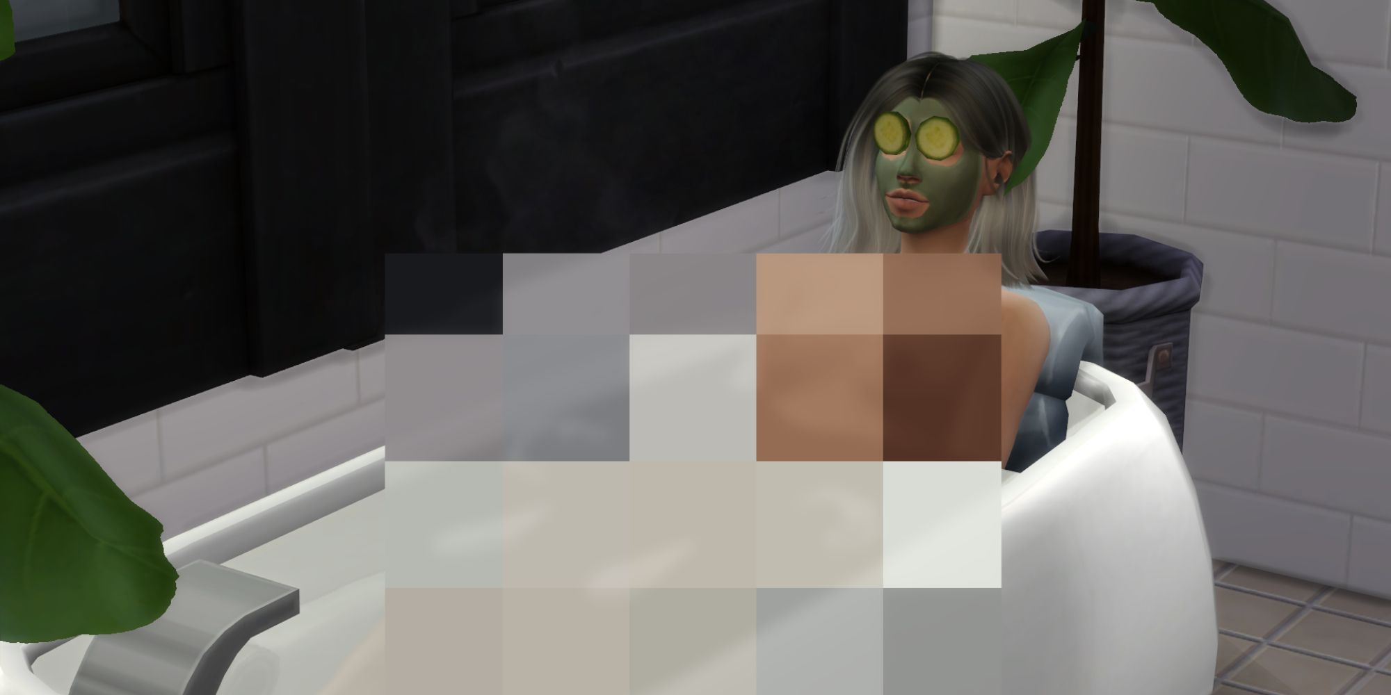 A Sim taking a bath with soaks, a face mask and cucumbers over her eyes