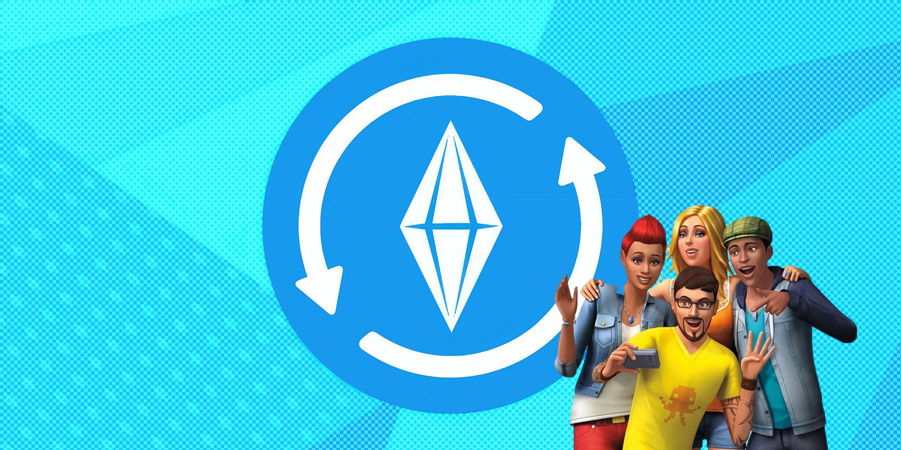 The Sims 4 blue update icon with four happy sims taking a selfie