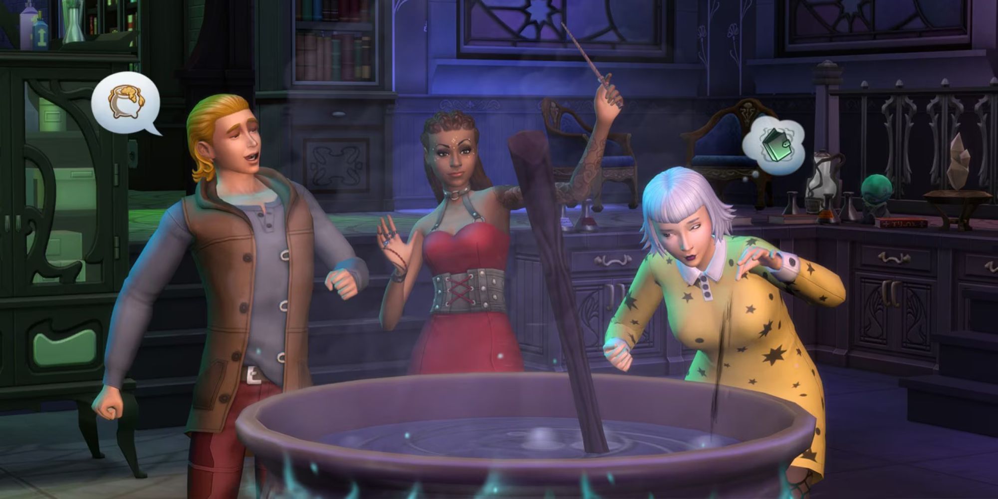 Realm of Magic art, Sims in a Coven club, brewing at the cauldron