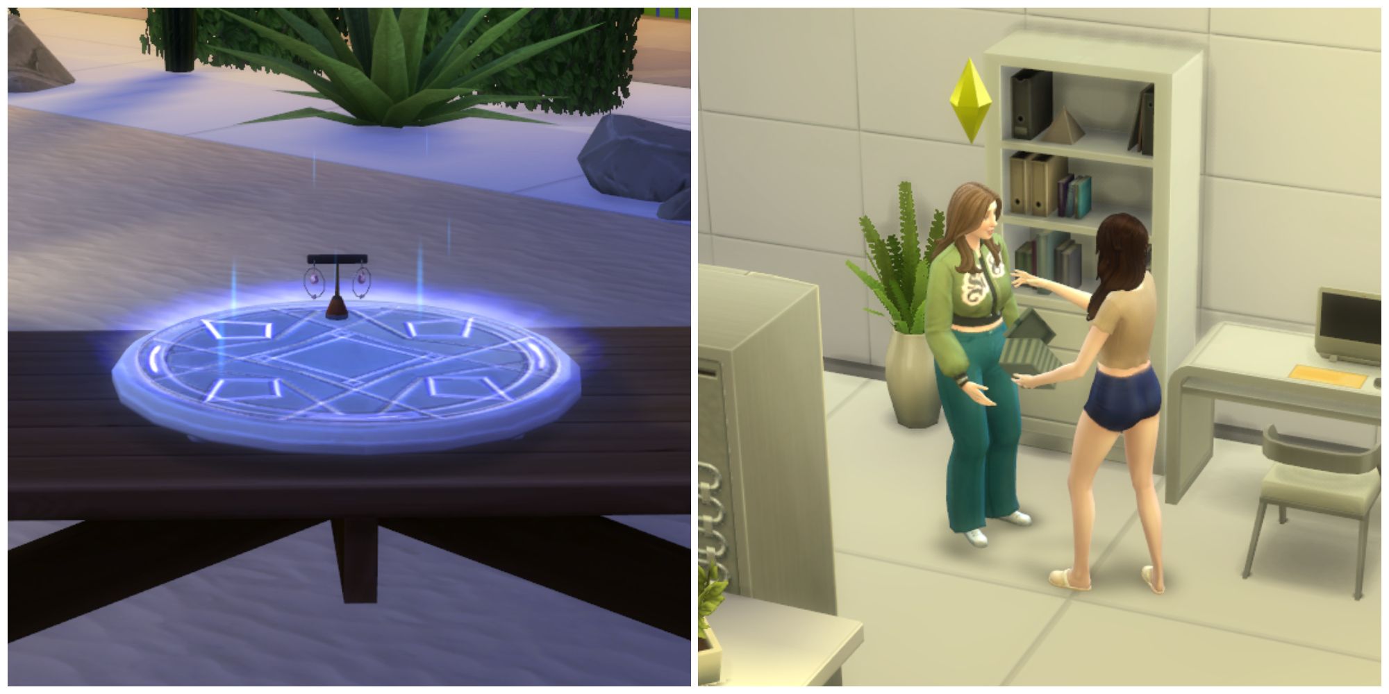 Split image of a pair of earrings being charged and a sim gifting some jewelry in The Sims 4