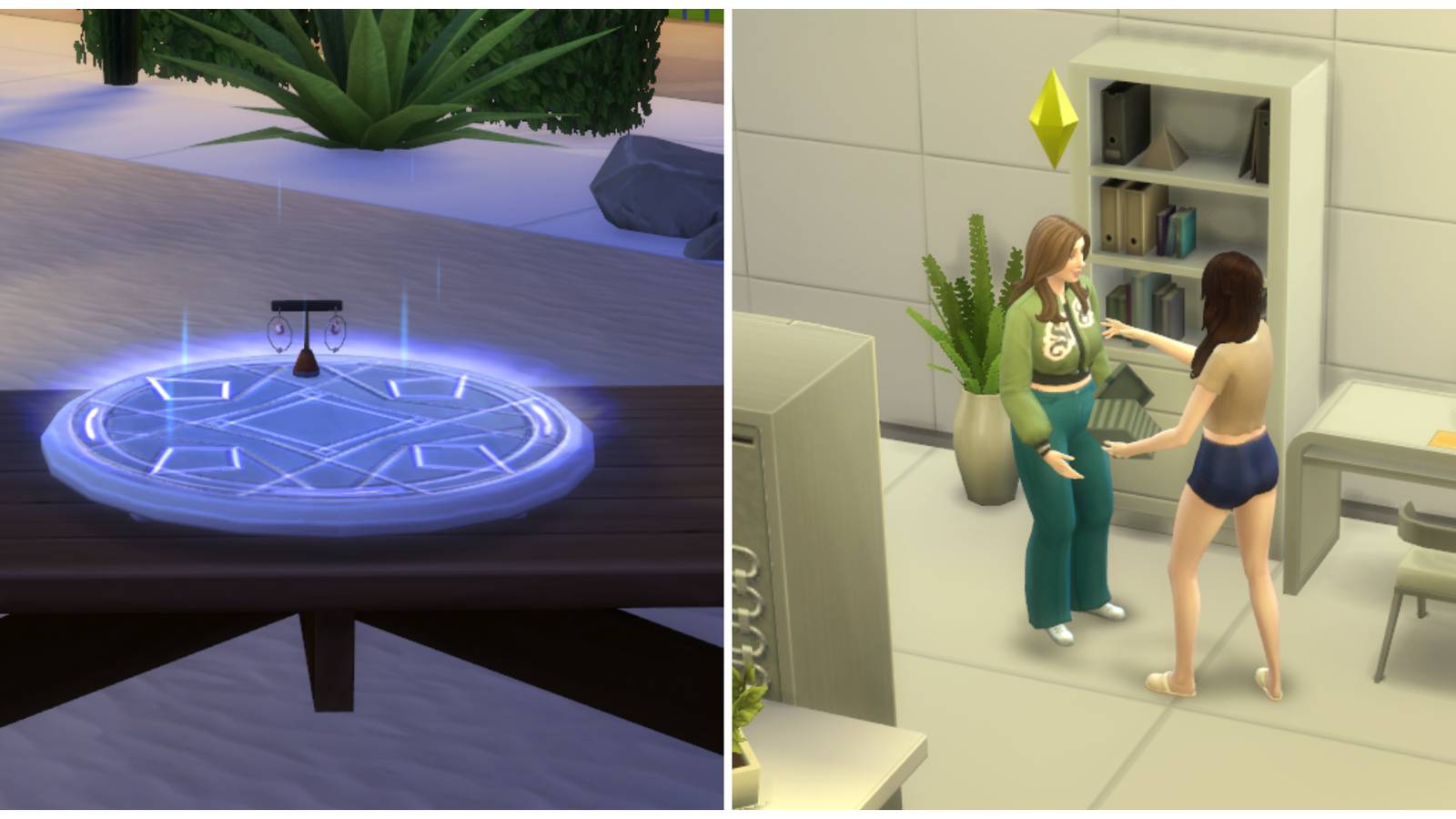 Split image of a pair of earrings being charged and a sim gifting some jewelry in The Sims 4