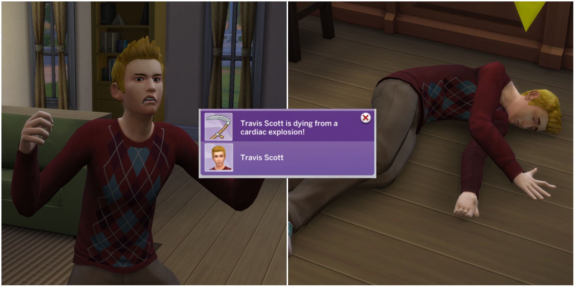 A Sim dying of cardiac explosion or death by anger