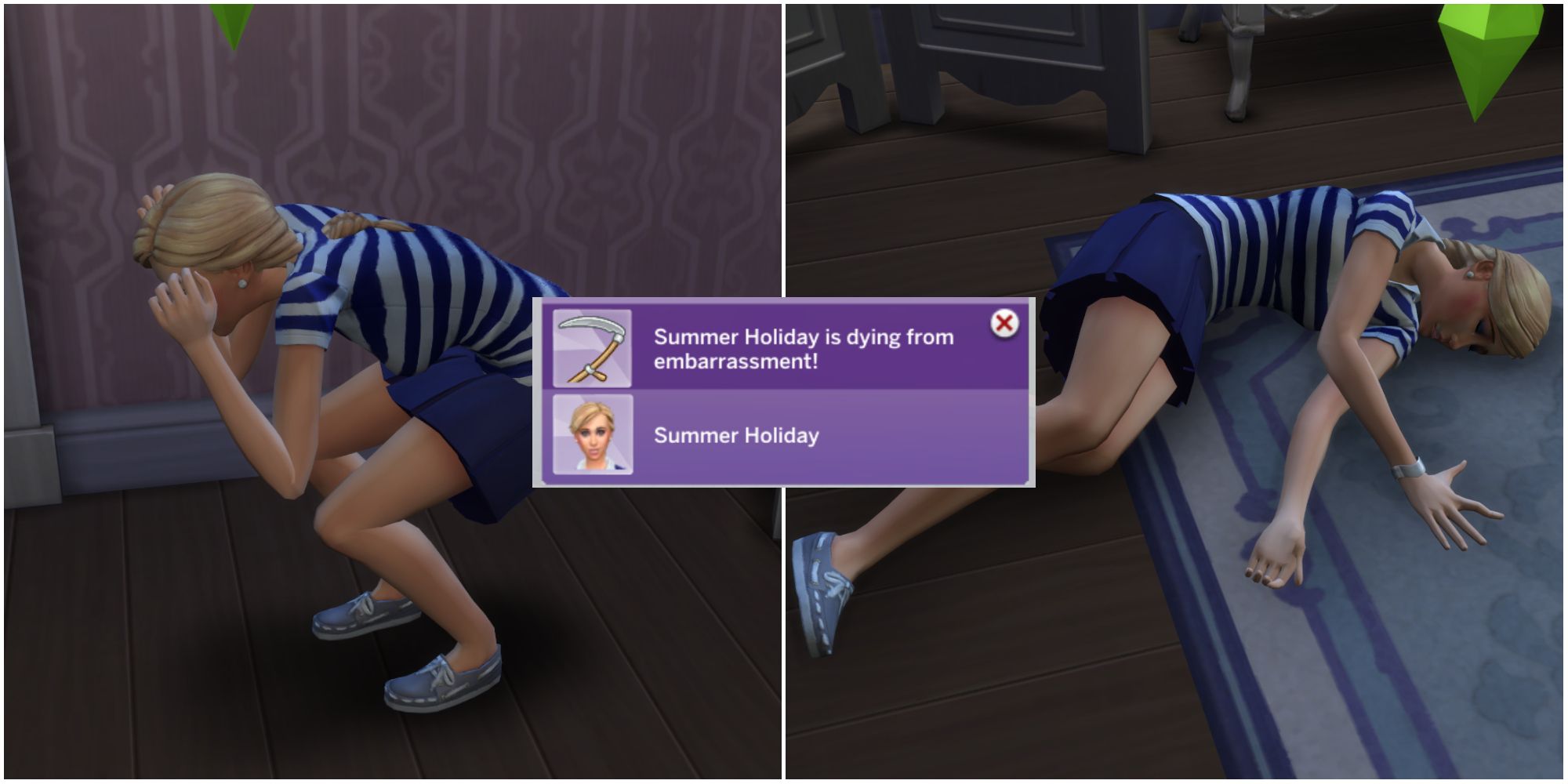 A Sim dying of embarrassment