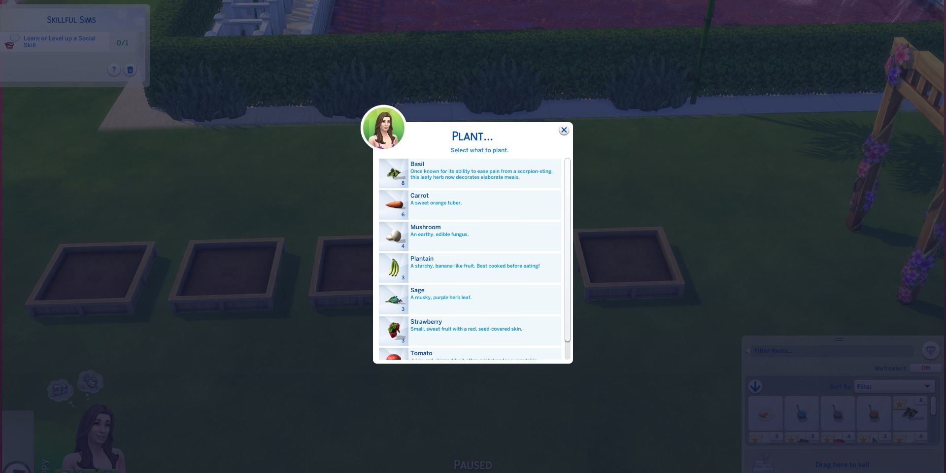 Image of a sim choosing some vegetables to plant in The Sims 4