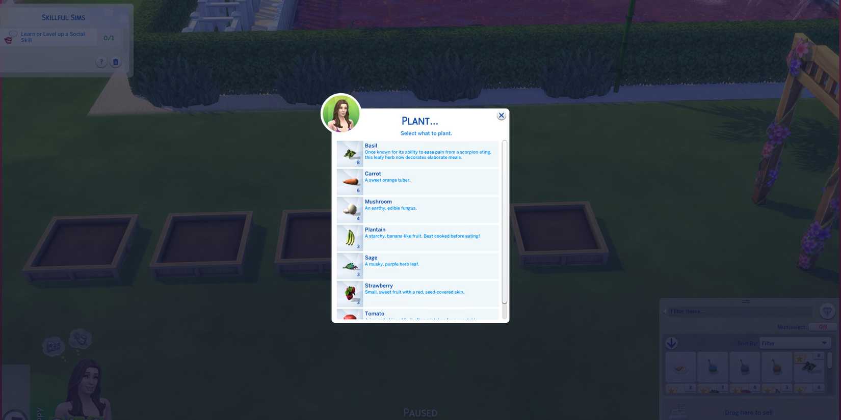 Image of a sim choosing some vegetables to plant in The Sims 4