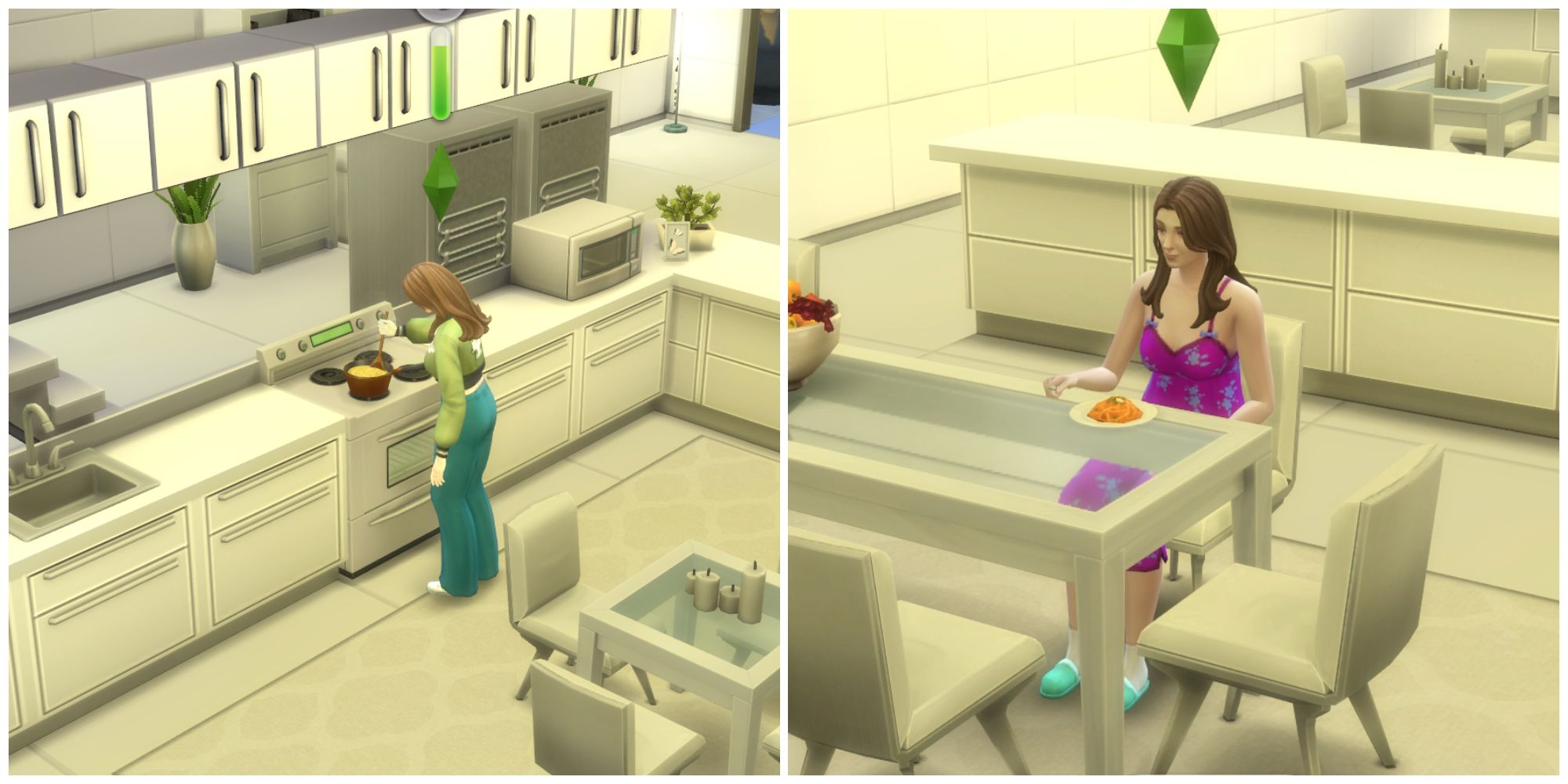 Split image of a sim doing some gourmet cooking and a sim eating a gourmet meal in The Sims 4