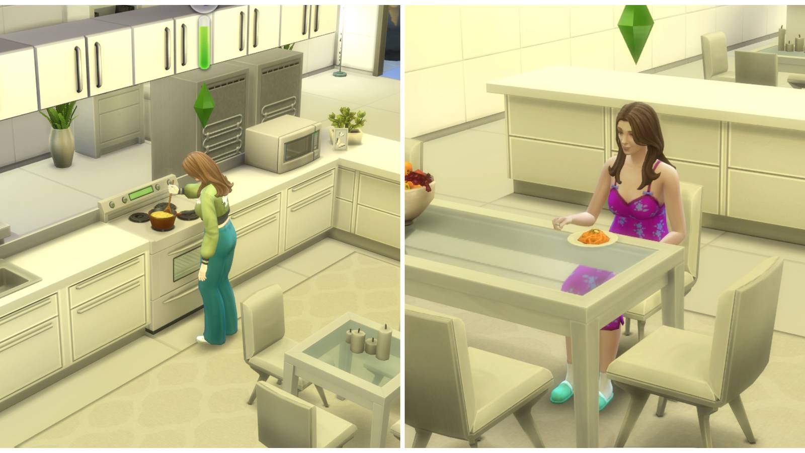 Split image of a sim doing some gourmet cooking and a sim eating a gourmet meal in The Sims 4