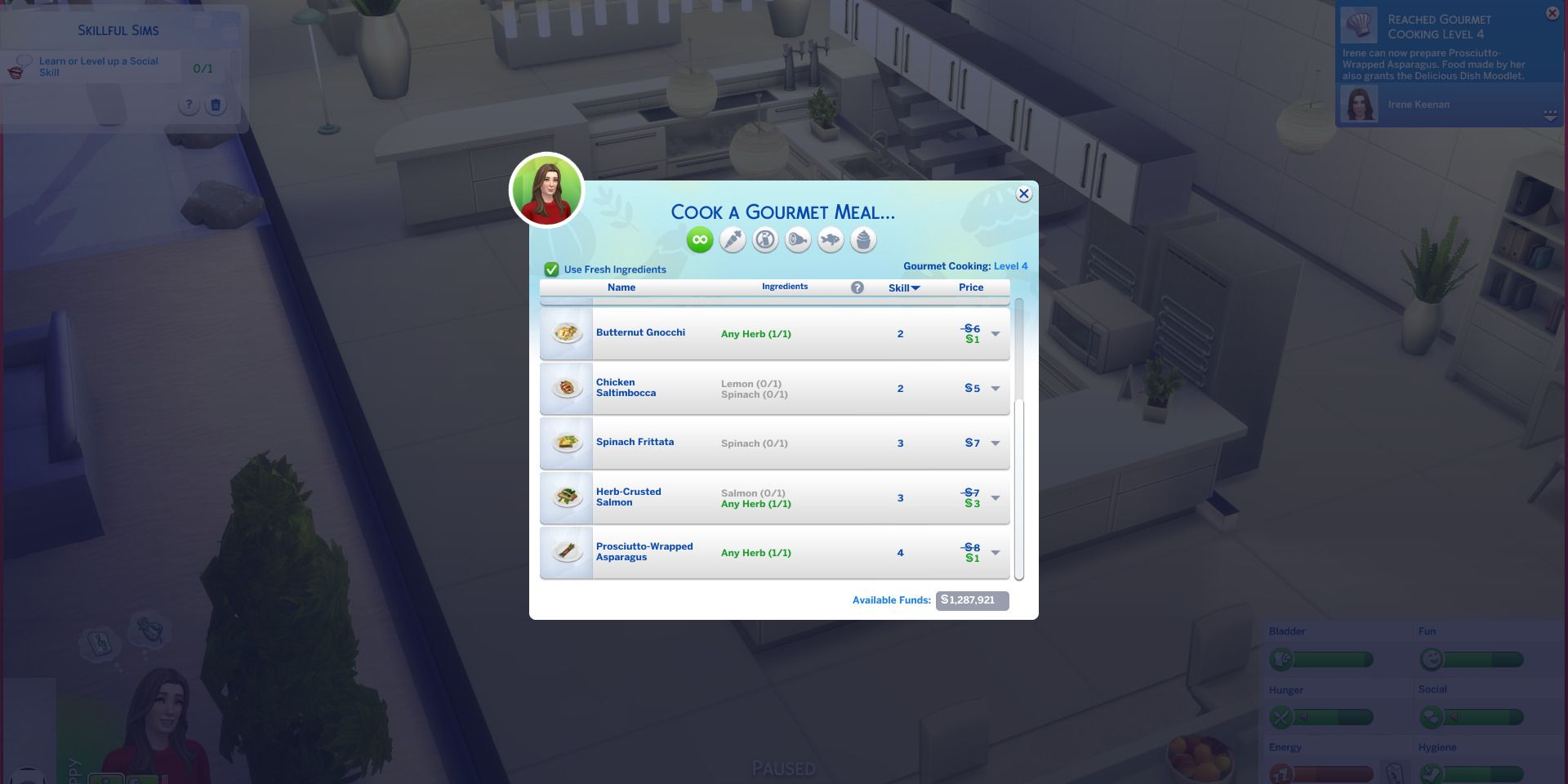 Image of some advanced Gourmet Meal recipes in The Sims 4