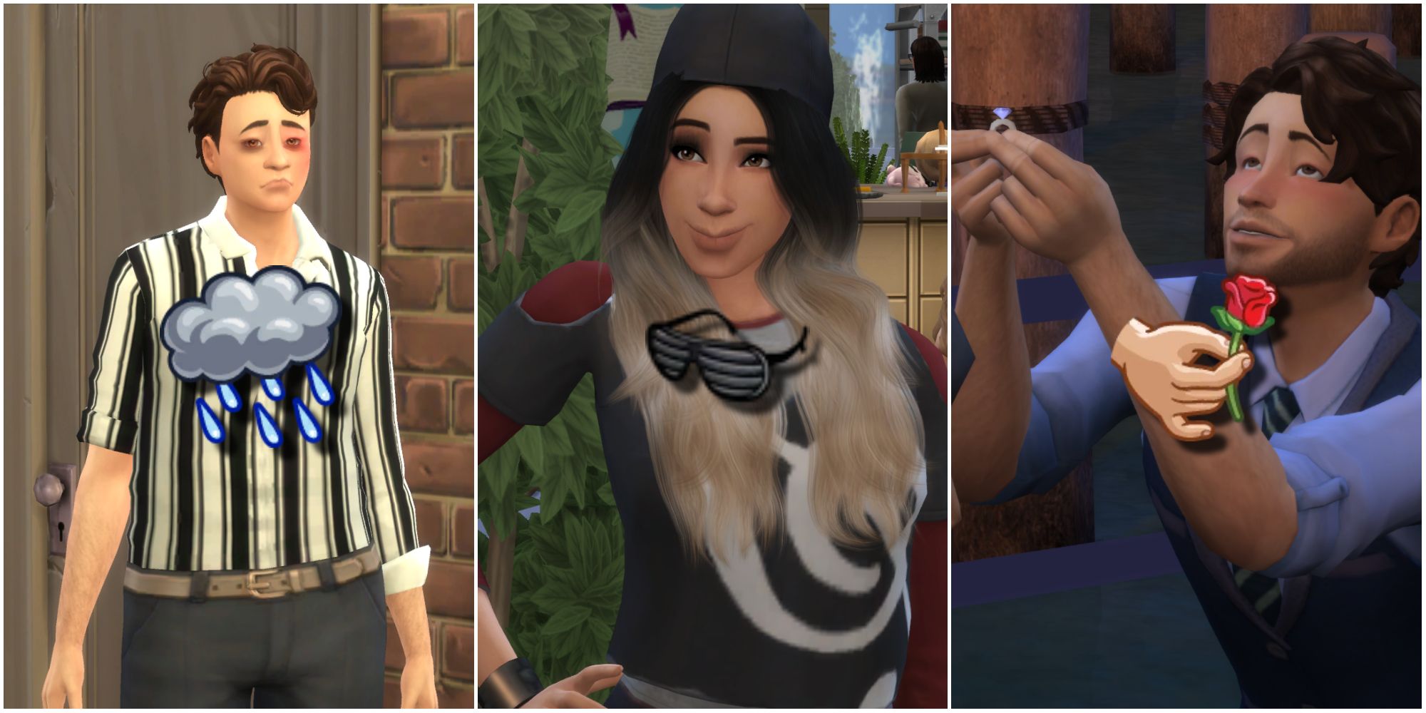Three Sims representing the sad, confident, and flirty emotions