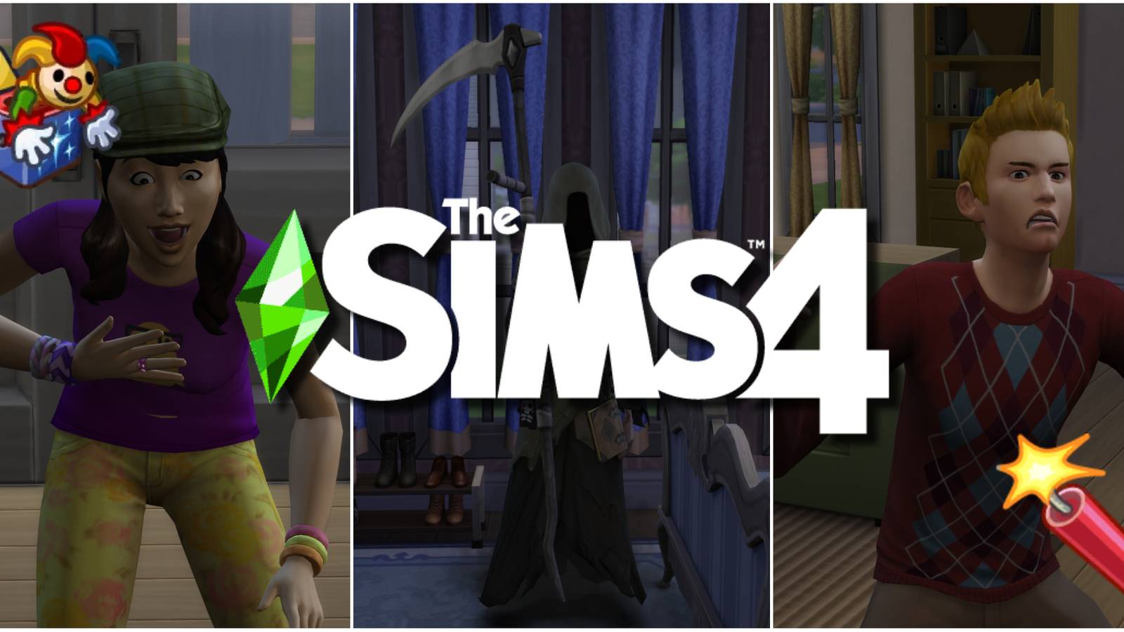 Two Sims dying of an emotional death and the Grim Reaper ready to reap them