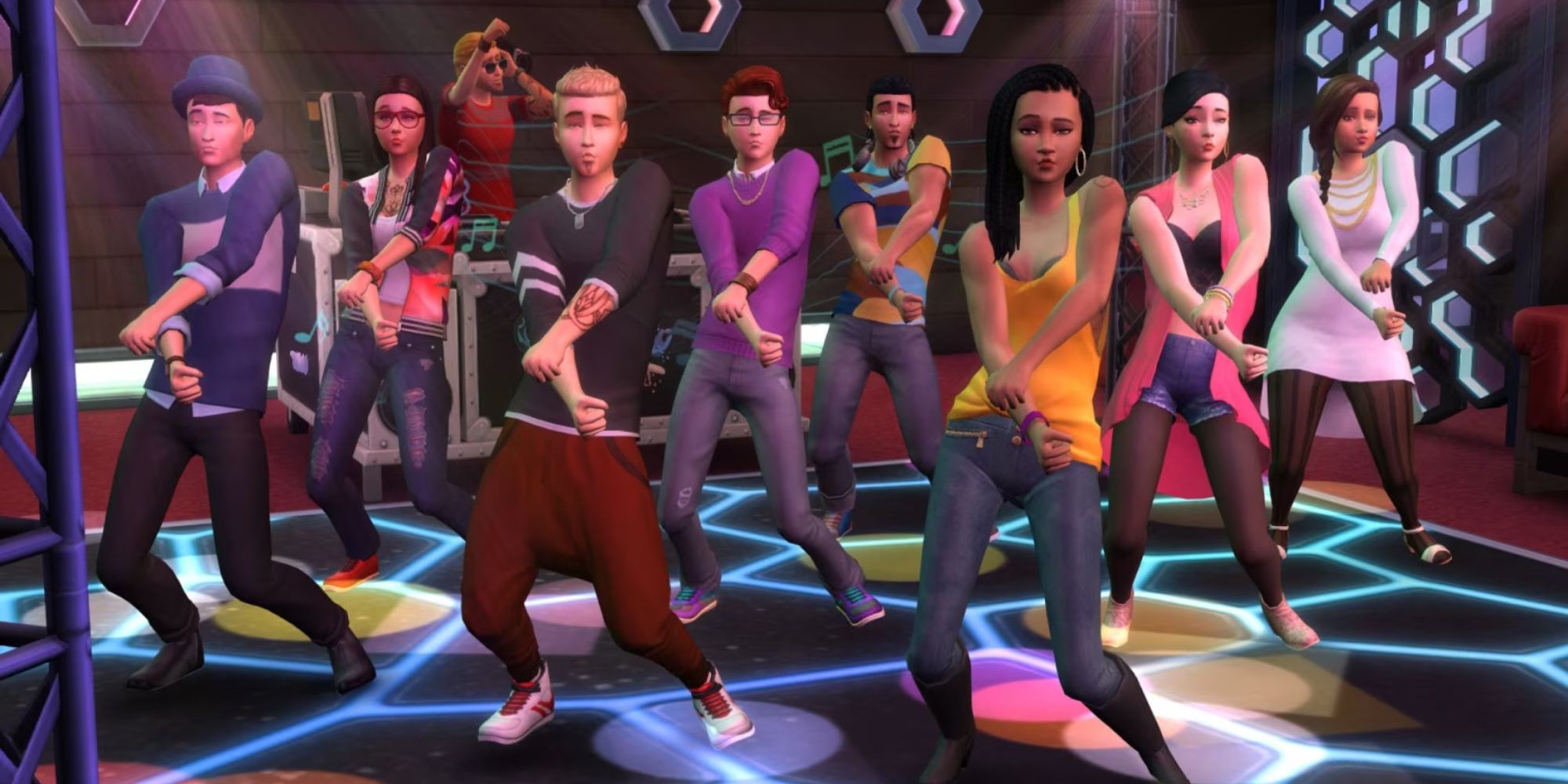 Get Together art, sims from the LGBTQ+ club are dancing in the nightclub