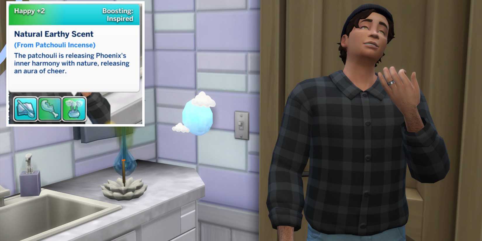 A Sim is smelling the patchouli scent from an incense holder